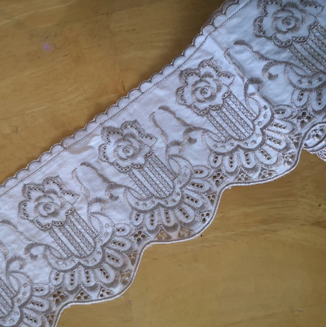 3.5 Yards 5'' Wide White Cotton Lace/Embroidered Beige Rayon Venise Flower b0220