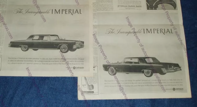 TWO 1964 Chrysler IMPERIAL Crown Original NEWSPAPER ADS: 14x14" EACH - LeBaron