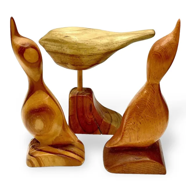 Vintage Lot 3 Hand Carved Wooden Birds Signed I Bossert 1995 Mcm Style Folk Art