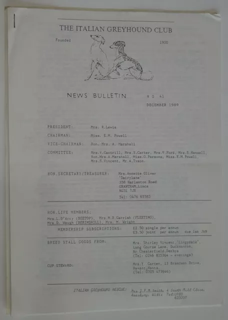 The Italian Greyhound Club News Bulletin Dec 1989 Number 41 Alonzo Bonzo BBC