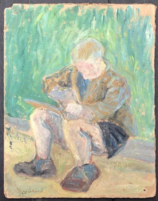 Rene Brochard (1926) Cuadro Óleo Retrato Joven Niño Sentado 1955