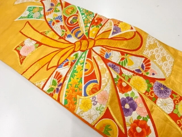 6549860: Japanese Kimono / Antique Fukuro Obi / Woven Noshi With Flower Butterfl