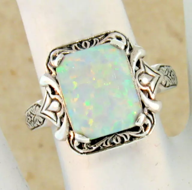 Antique Style 925 Sterling Silver Lab Opal Vintage Design Ring Size 9       #468