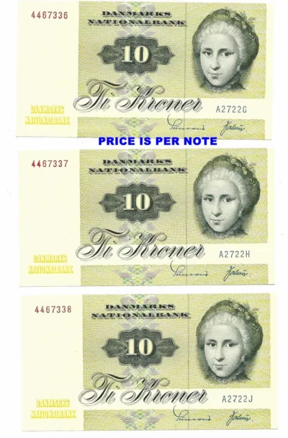 DENMARK 10 KRONER 1972 ~ P-48a ~ ONE NOTE OF 3 CONSECUTIVE CHOICE CRISP NEW