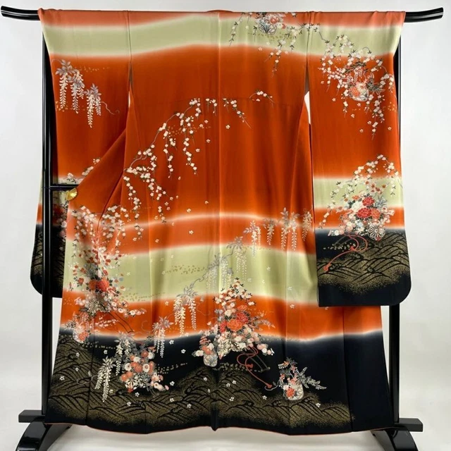 Japanese Kimono Furisode Pure Silk Frail Wave Gold Paint Vermilion