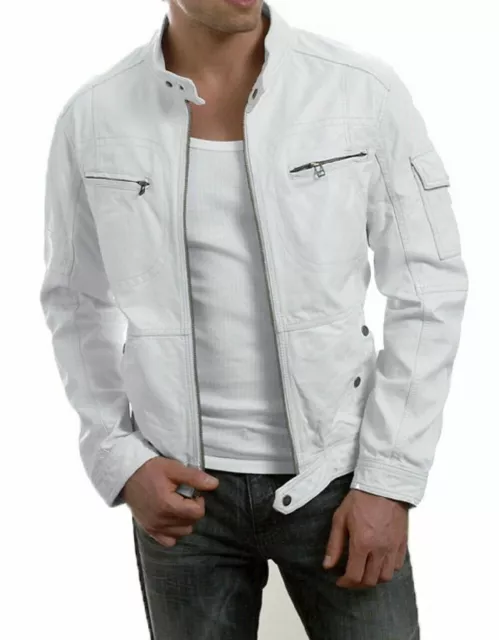 Men White Leather Jacket Slim Fit Biker Motorcycle Genuine Lambskin Jacket Coat