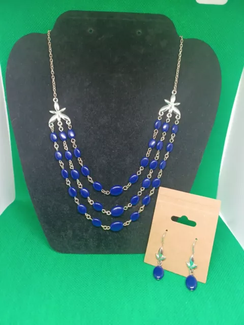 Avon Triple Strand Necklace & Earrings Navy Blue