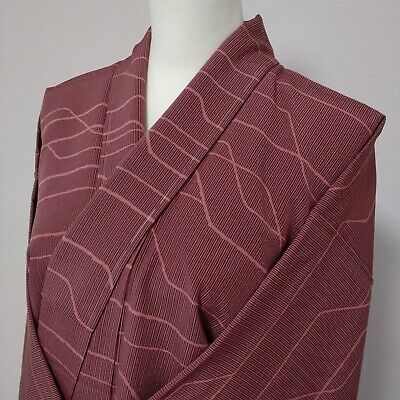 Woman Japanese Kimono Komon Silk Geometric Stripe Chirimen Sign Reddish Brown