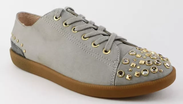 $100 BOUTIQUE 9 KATELYN Grey Suede Studded Designer Lace Up Flats Oxfords 6 2