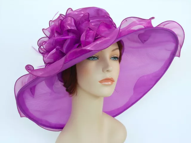 New Church Kentucky Derby Wedding Organza Wide Brim Dress Hat 3546 Purple