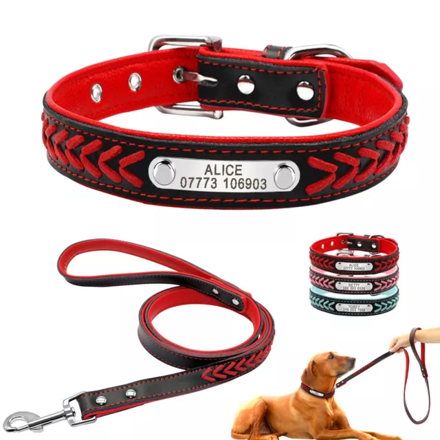 Braided Personalised Leather Dog Collars and Leash Lead Custom Pet Puppy ID Name