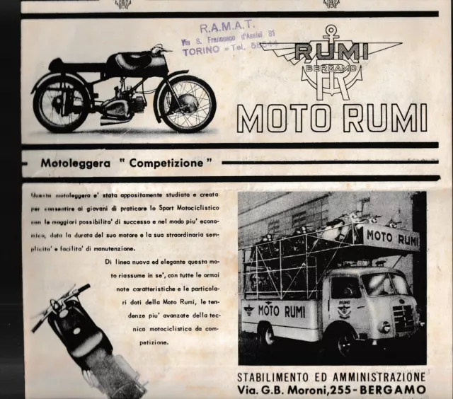 Moto RUMI Bergamo - Depliant Pubblicitario su quattro facciate circa 1952 Moto RUMI Bergamo - Depliant Pubblicitario su quattro facciate circa 1952