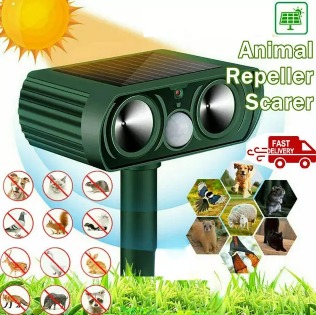 Solar Power Ultrasonic Animal Repeller Cat Dog Fox Animal Deterrent Dual Flash