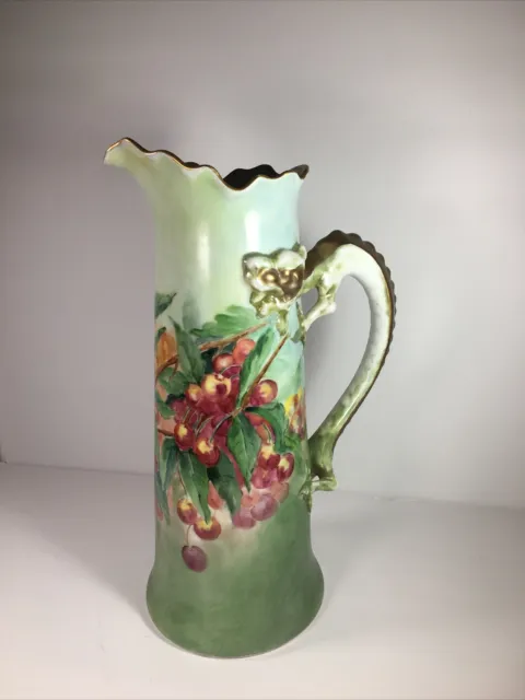 Early 1900'S J.p.l. France Dragon Handled Floral Pitcher/Tankard/Hense
