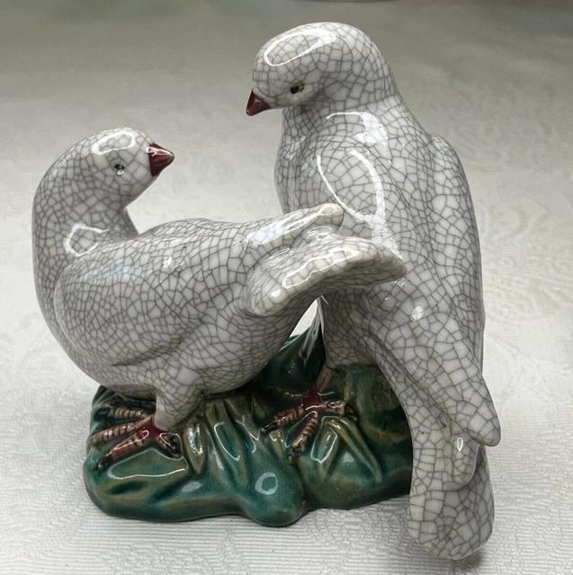 Vintage Chinese Crackle Porcelain Doves Pigeon Figure on Green Ground Base