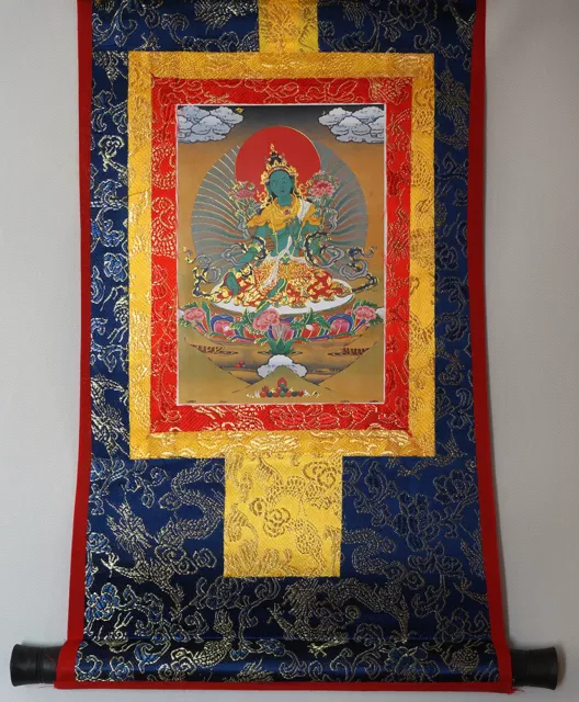14" Silk Brocaded Blessed Wood Scroll Tibet Thangka:female Blessing Green Tara =