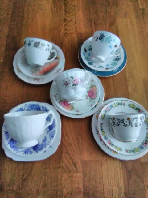 Vintage Bone China Mismatched Tea Set - Cups, saucers & plates - 5 x Trios