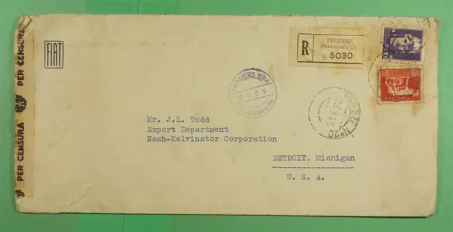DR WHO 1945 ITALY WWII CENSORED REGISTERED FLORENCE TO USA j46231