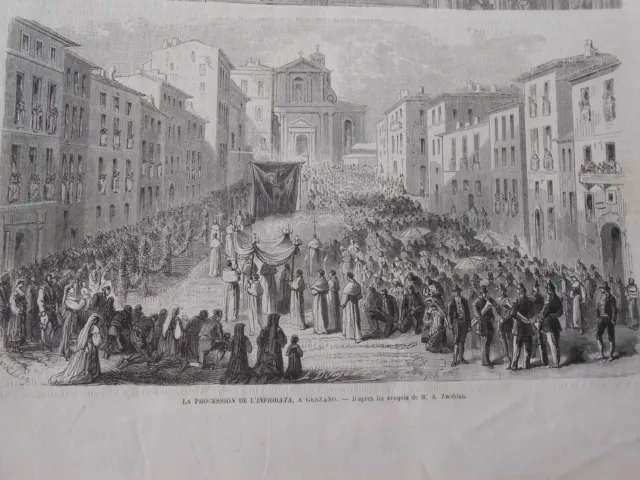 Gravure 1864 - La procession de l'Infiorata à Genzano