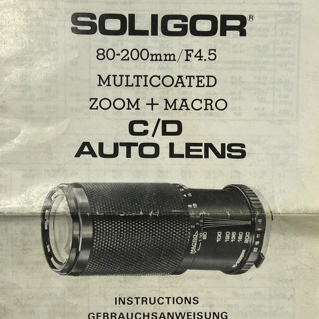 Vintage Soligor 80-200mm Multicoated F4.5 C/D Auto Lens Zoom Macro Instructions
