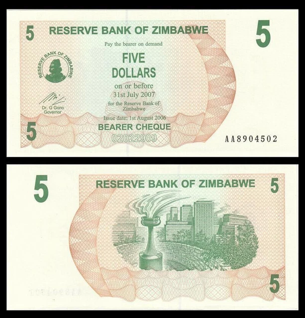 Zimbabwe 5  Dollars Bearer's Cheque 2006 UNC Uncirculated P-38