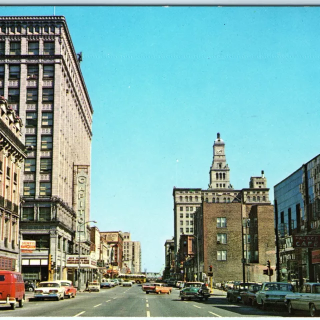 c1960s Davenport, IA Downtown 3rd St Chrome Photo Postcard Main Street Cars A89