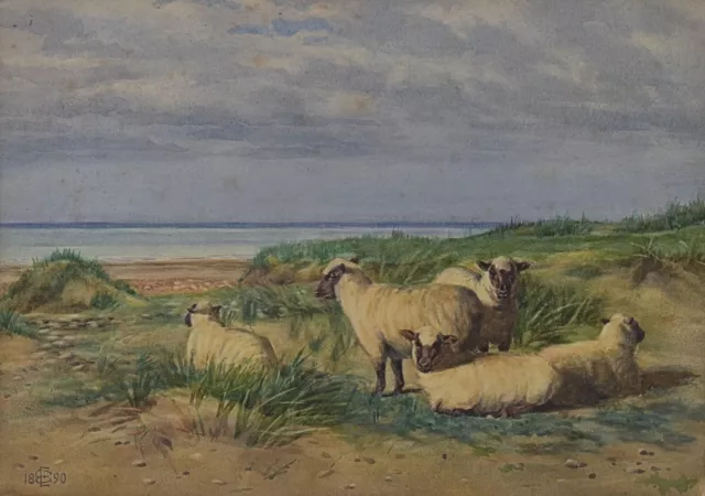 Sheep Grazing on the Coastline Antique Watercolour Monogram EC/EE/WE 1890 3