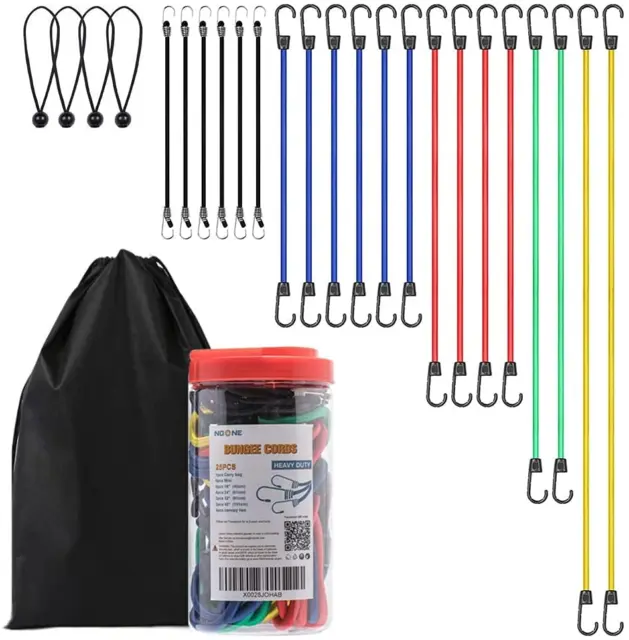 24pcs Heavy Duty Bungee Cords with Hooks in Jar, 100% Latex Core Elastic 8”, 10”