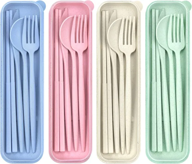 4 Sets Travel Utensils with Case Cutlery Set Chopsticks Fork Spoon Knife Kitchen