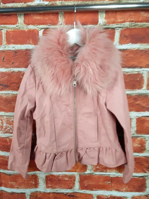 Girls Monsoon Coat Age 5-6 Years Pink Faux Leather Fur Trim Jacket Lined 116Cm