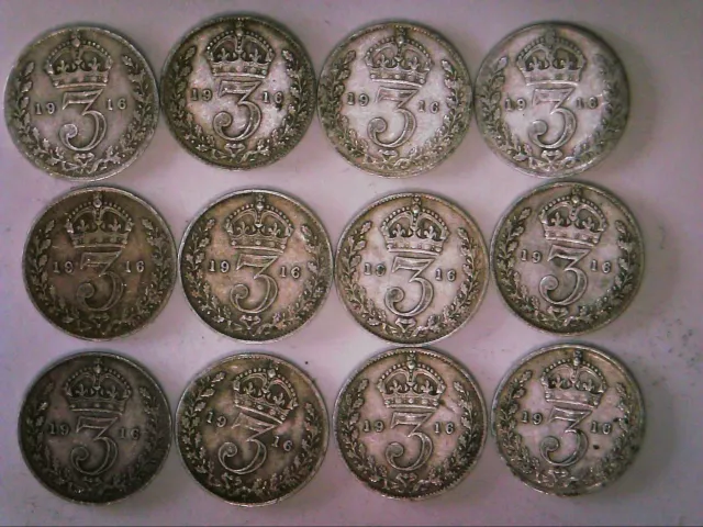 12 x George V 1916 silver (.925) Maundy three pence coins in very nice condition