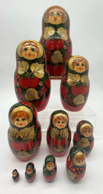 Beautiful Vintage Hand Painted Russian Stacking Nesting Dolls Set of 10 #1001
