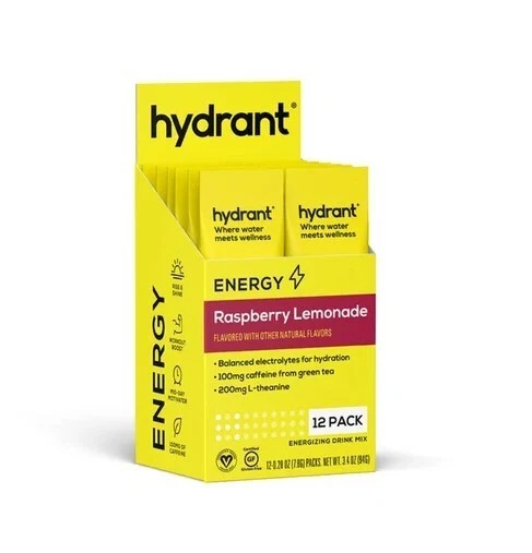 MEZCLA DE BEBIDAS ELECTROLÍTICAS ENERGÉTICAS HIDRANT LIMONADA DE FRAMBUESA (1) PAQUETE DE 12 con CAFEÍNA