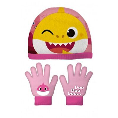 Licensed Girls BABY SHARK Pink Hat And Gloves Set Age 2-6 Years Winter Beanie