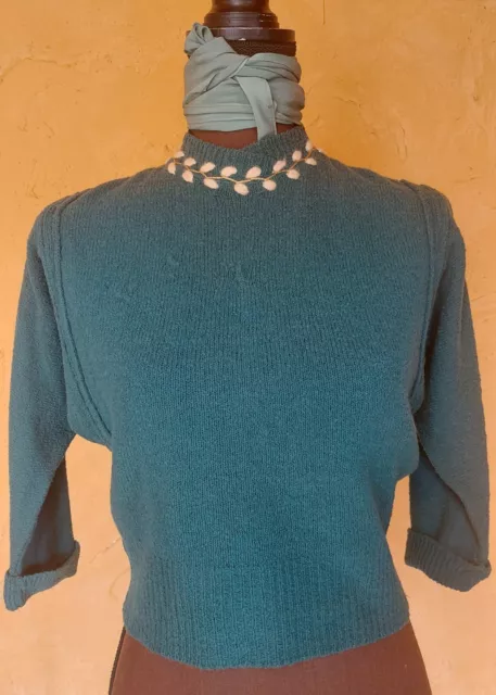 Teal Green 1950s Fitted Cropped Sweater By Lofties Batwing Sleeves