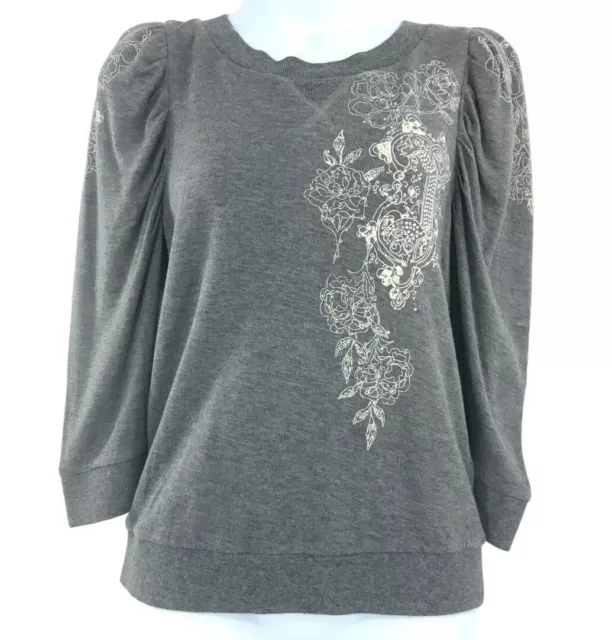 Juicy Couture Gray Embellished Long Sleeve Pullover Knit Puff Sleeve Top NWT