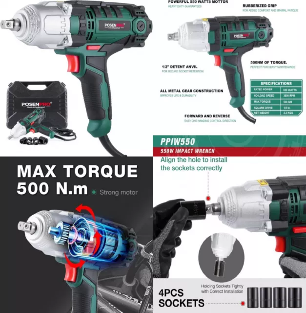 POSENPRO Electric Impact Wrench, Heavy Duty 550W Corded 500N.m Max Torque...