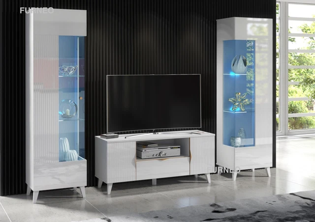 TV UNIT WHITE High Gloss &Matt Living Room Set Stand Display Cabinets LED Lights £149.90 ...