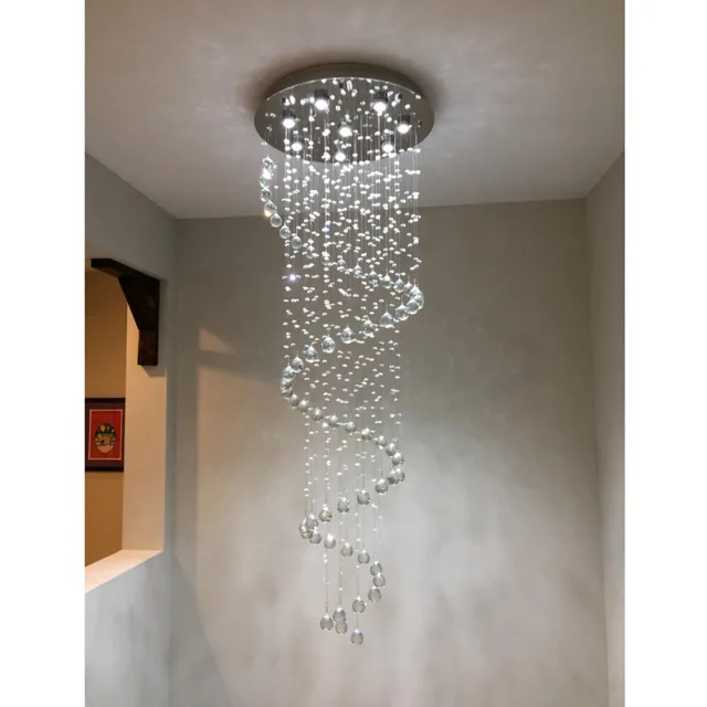 Living Room Foyer Flush Mount K9 Crystal Modern Spiral Rain Drop LED Chandelier