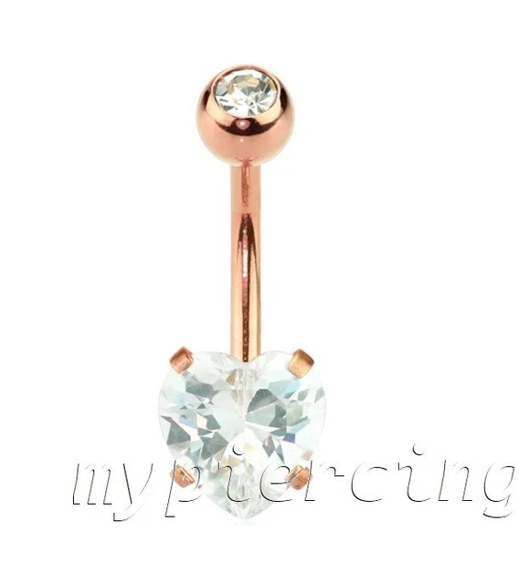 Rose Gold Plated Double Gem Prong Set Heart CZ Navel Belly Button Ring 14G 3/8"