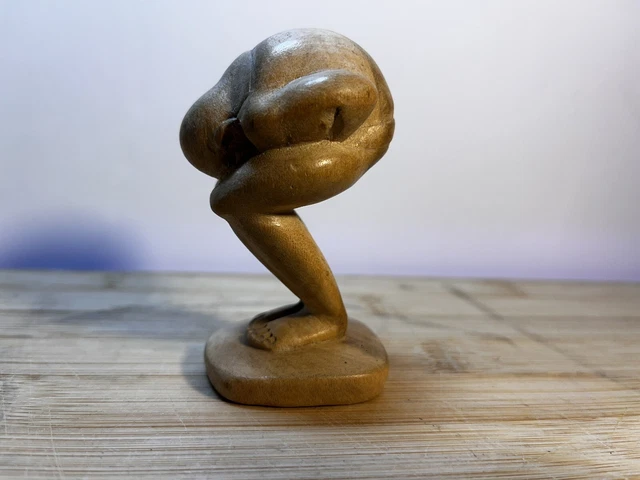 Vintage Hand Carved Blonde Wood Weeping Buddha Yogi Bali Figure Sculpture 3.25”T