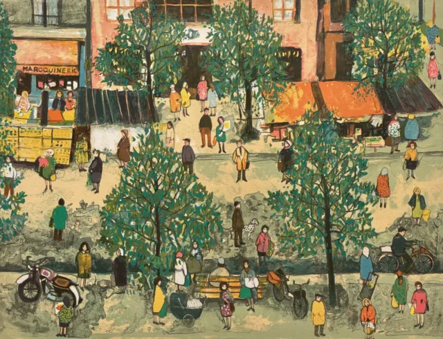 CHABRIER Nathalie - Lithographie - Marché Ordener Paris - French Naive Art 1975