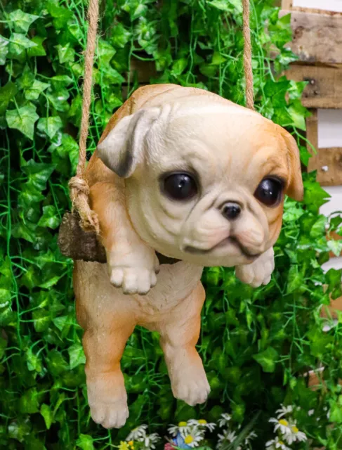 Lifelike American Bulldog Puppy Dog On Branch Swing Hanger Wall Decor Figurine