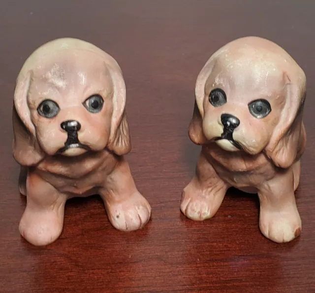 Vintage Cocker Spaniel Puppies In Sitting Pose.   Brown Ceramic, Hand Painted