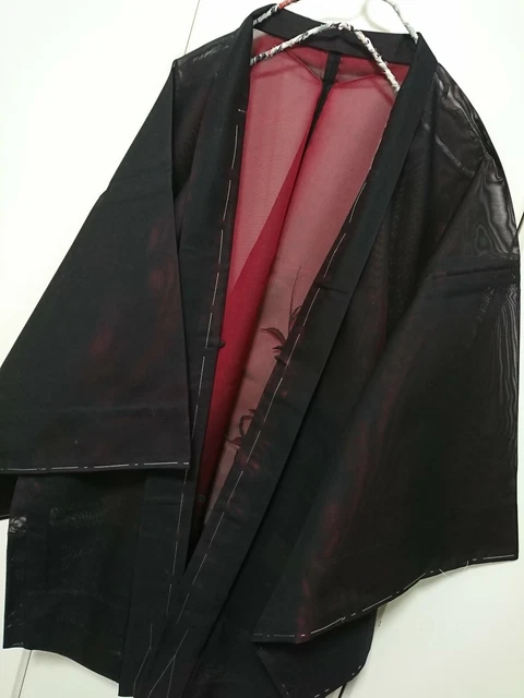 Woman Japanese Kimono SUMMER HAORI Jacket Silk Sheer Black Red Flower 紗