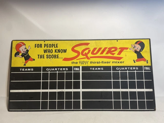 RARE 1961 SQUIRT SODA SCOREBOARD SIGN BASEBALL & FOOTBALL DOUBLE SIDED 16x32”