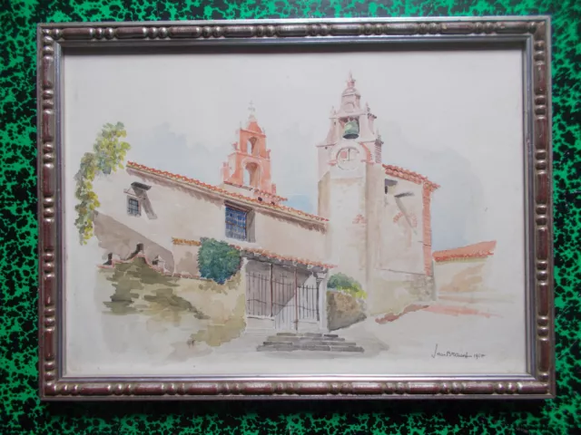 superbe aquarelle église Alba de Tormes Santiago Espagne signée Jean Brauns 1967