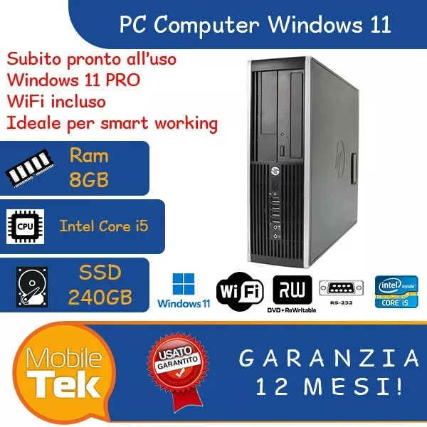 Pc Computer Desktop Fisso Ricondizionato Hp Windows 11 Core I5 8Gb Ram 240Gb Ssd