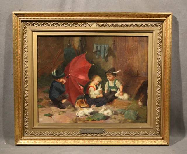 19th Century Antique European Genre Painting With Children and Rabits Bunny