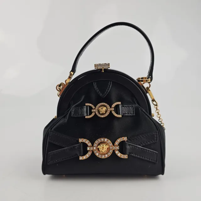 Versace Greca Goddess Small Satin Black Top Handle Bag New